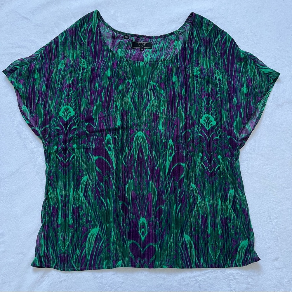 Guess green and purple sheer shirt-sleeve top